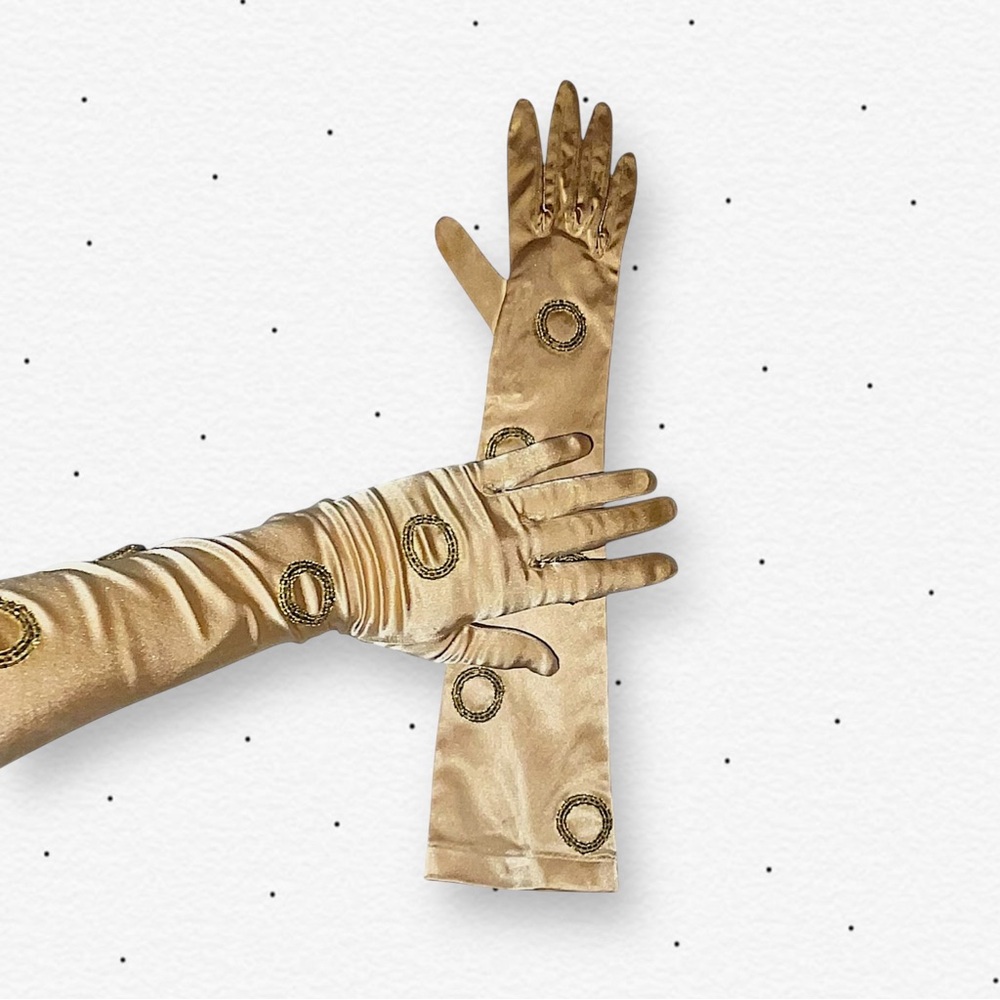 Vintage Gold Satin Opera Gloves with Decorative Ring Accents